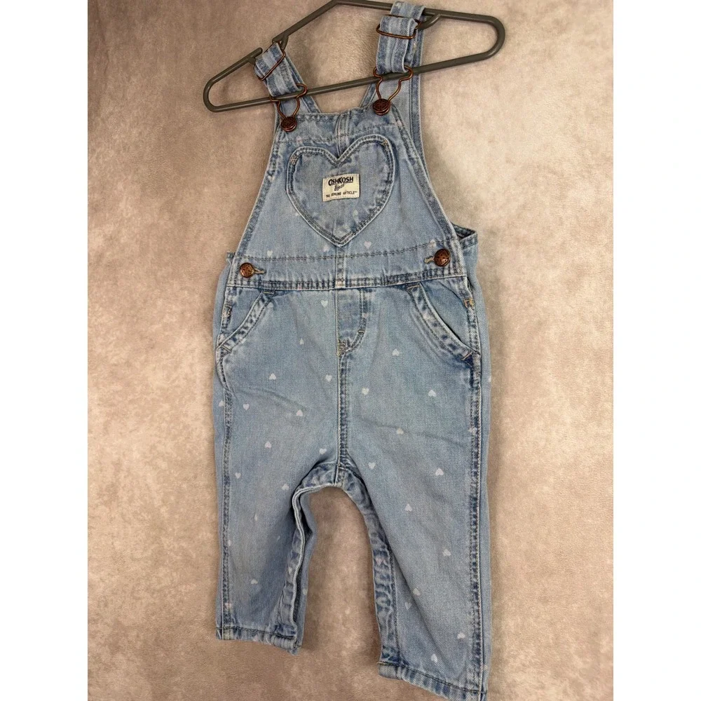 OshKosh B'gosh Denim Overalls Girls 9M Light Blue Heart Print Bib Overalls